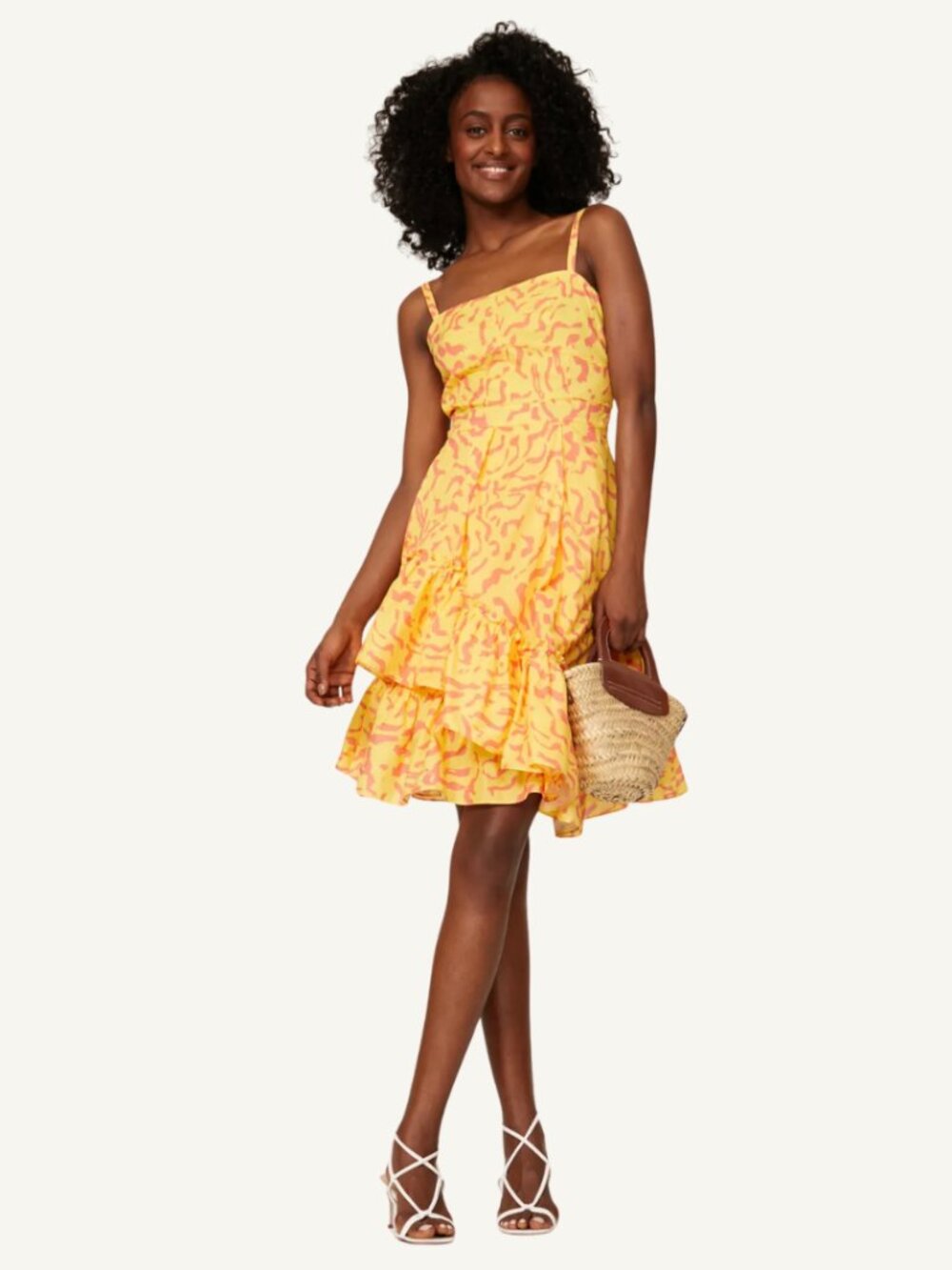 Derek Lam Collective Yellow Printed Ruffle Hem Cocktail Dress IT 38 US 2 Resort